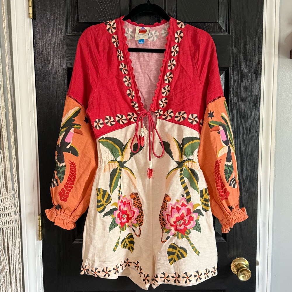 Farm Rio Red and Cream Floral Embroidered Romper - Picture 3 of 6